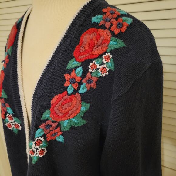 Northington Vintage Floral Embroidered Cardigan Women's XL Navy Blue Open Front - Picture 3 of 10